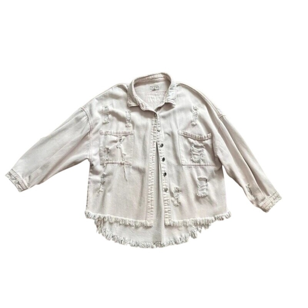 POL Distressed Denim Shacket Oversized Boho Grunge Frayed Jacket M